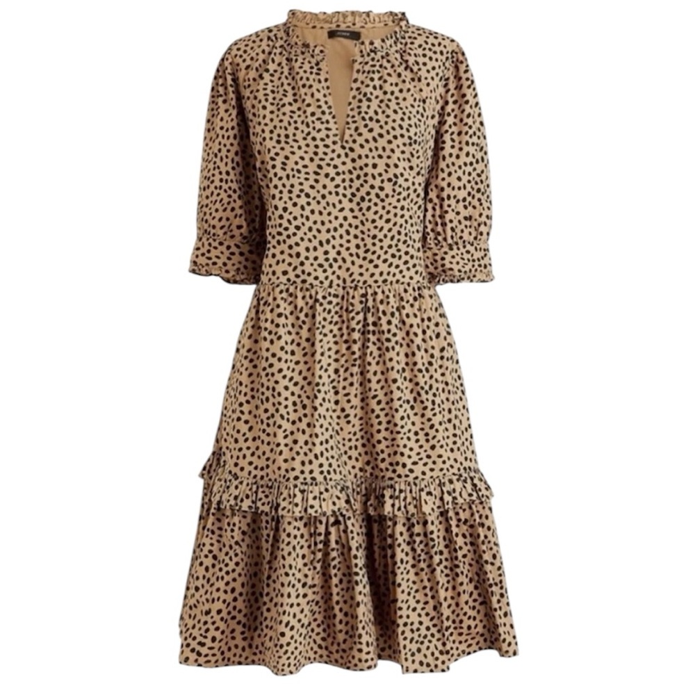 J. Crew Ruffleneck Tiered Popover Polka Dot Tan Dress. Size L. Lined
